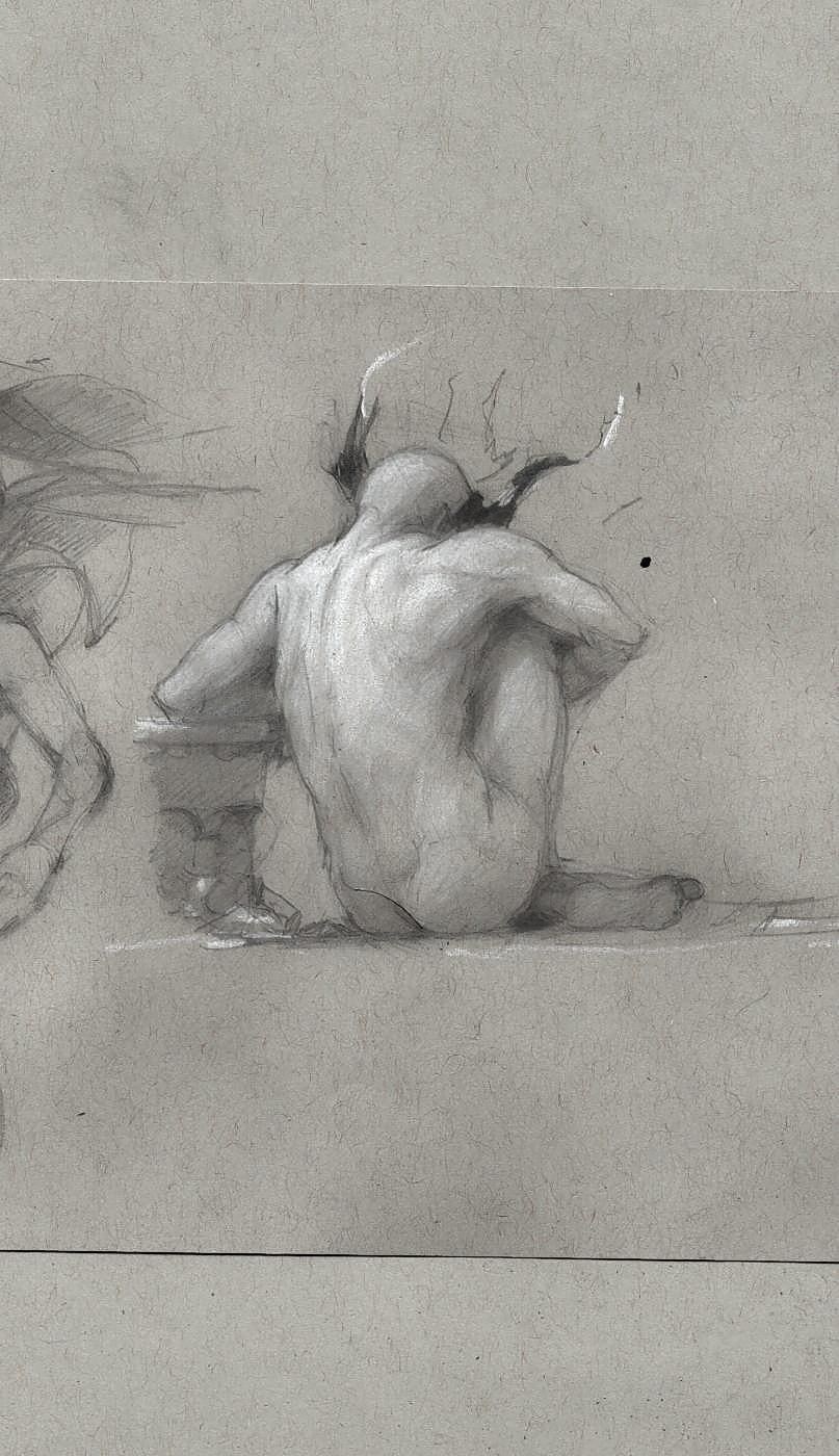 A pencil drawing of the back view of a neck-like mass that is hunched over and sitting on the ground and has two black horns.