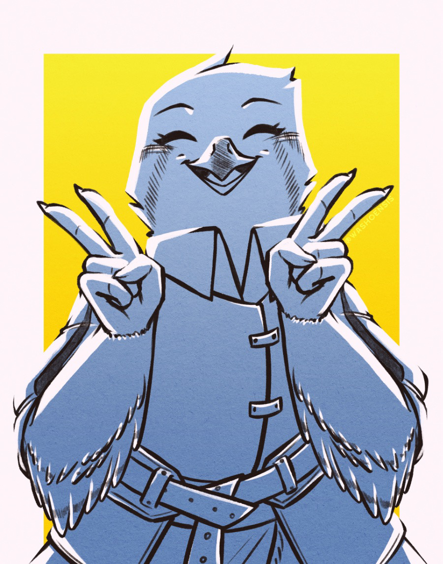 A kestrel anthro, Pijk, looking excited and cheerful as she holds up two peace signs. She's colored blue with bright white highlights on a yellow background.
