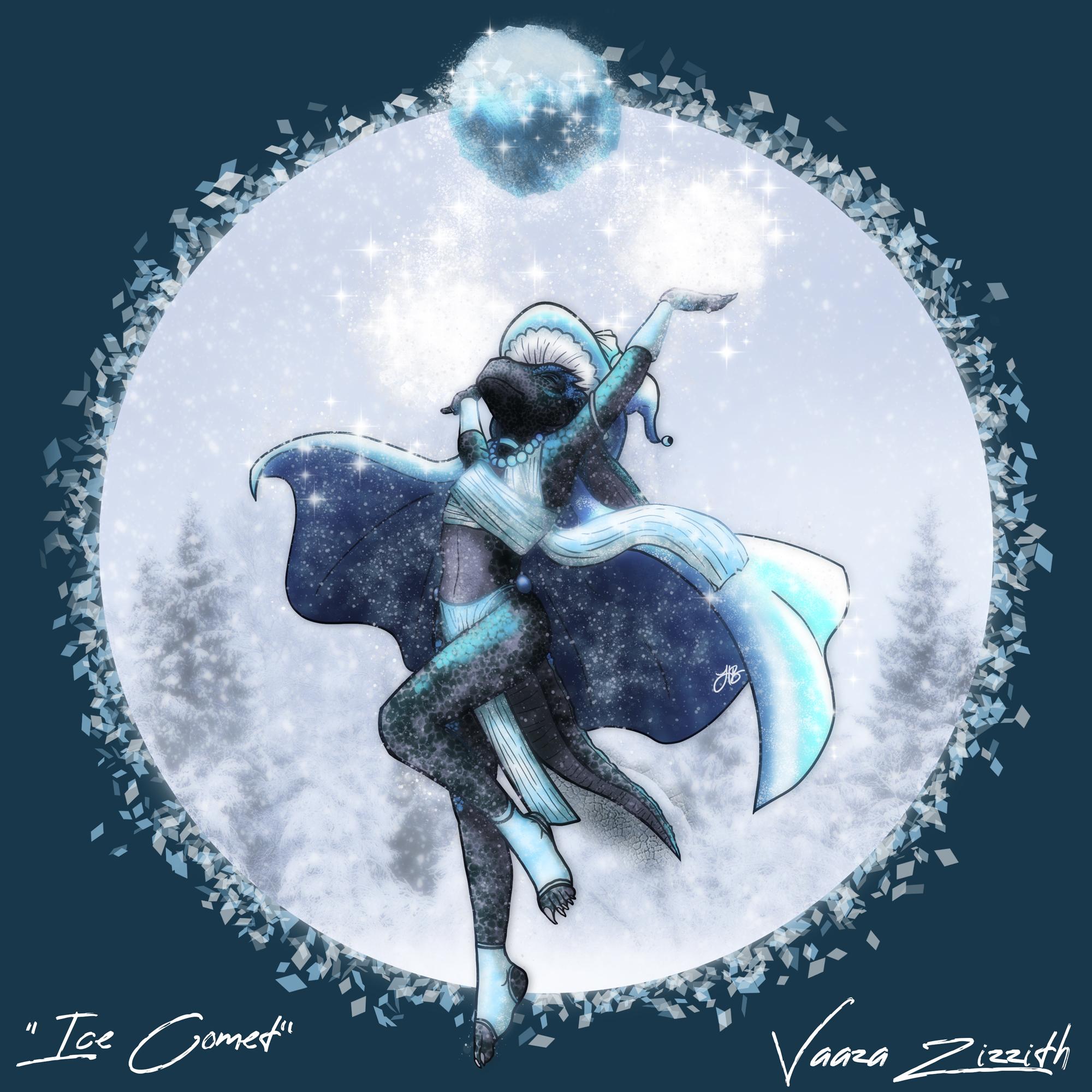 A gray, black, and sky blue Iksar lizard woman with a lacey witch's hat on her head, holding her arms into the air as her cape flutters around her. She is casting a spell called Ice Comet, and above her outstretched hands is a circular ball of ice forming.
