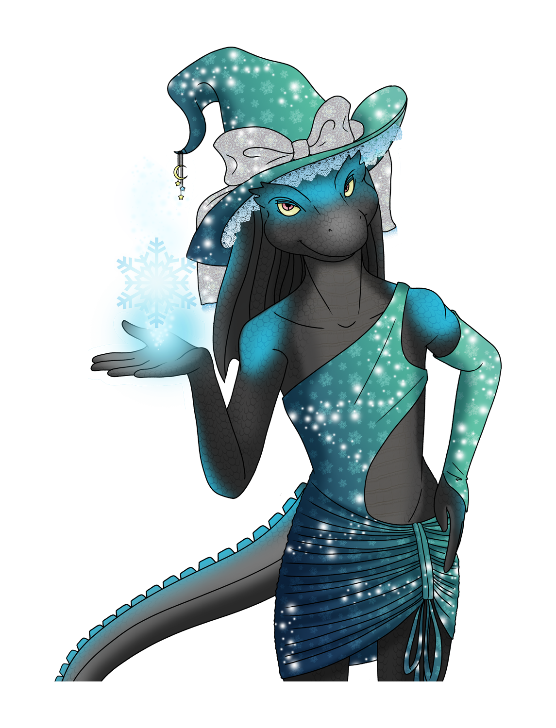 A gray, black, and sky blue lizard woman in a huge witch's hat covered in ribbon and lace, holds her hand out and a pillar of frost blooms out from her palm. The lizard woman is dressed in a very strange dress that is open from her hip up to under her shoulder. She has one detached sleeve made of the same fabric