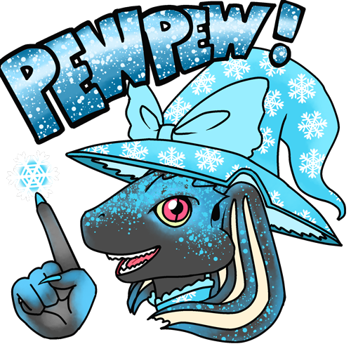 A Twitch emote of Vaaza, an Iksar woman, with gray, black and sky blue scales, and rose-colored eyes. She's pointing her finger and there's a magical snowflake at the tip of her index finger. She's wearing a sky blue snowflake patterned witch's hat with a bow on top and lace under the brim. Above her there is text that says "PEW PEW!"