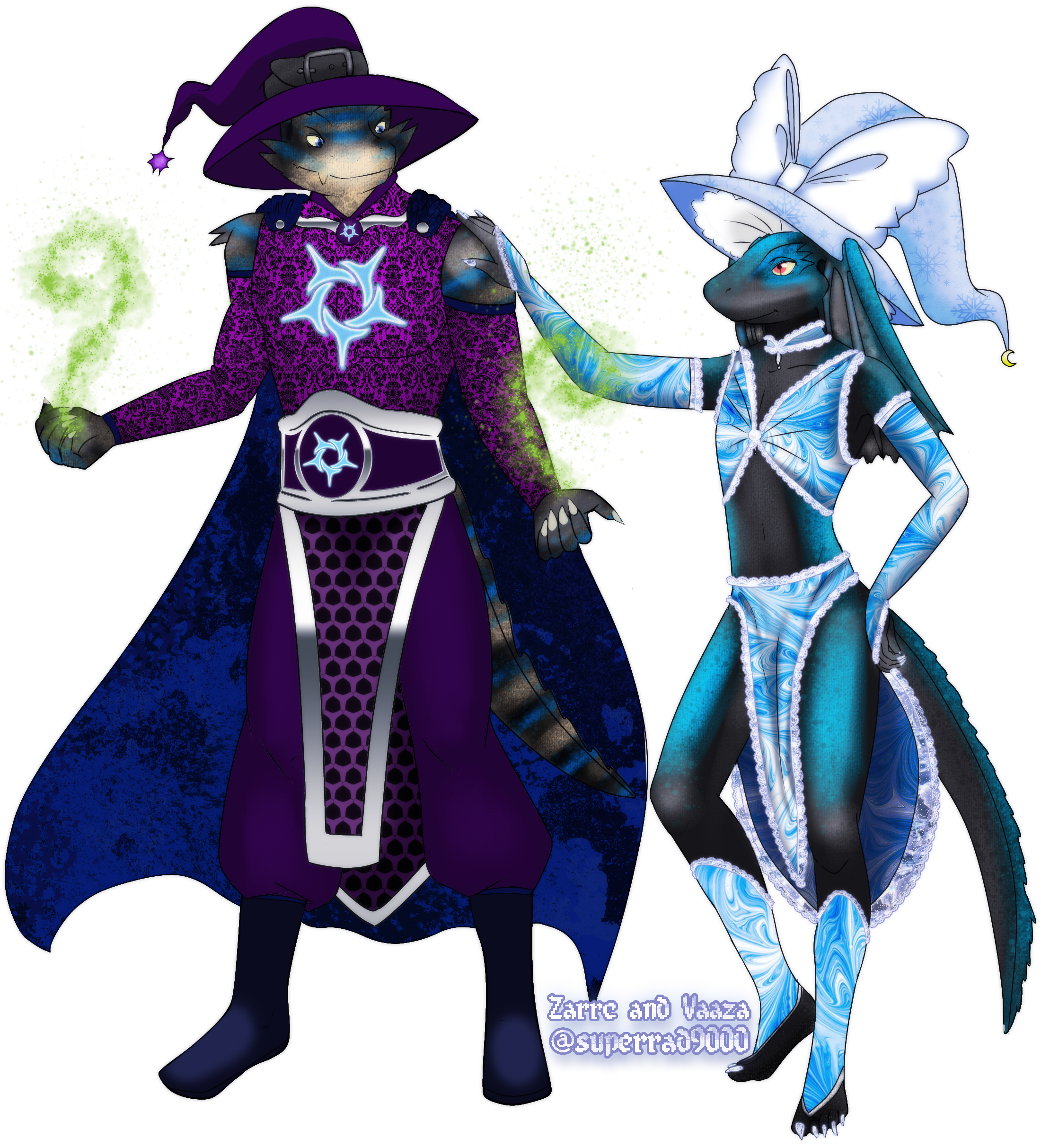 This is an image of two Iksar, one male and one female, wearing extravagant outfits. The male Iksar named Zarrc wears an ensemble of purple and black, and his cape is the purple and black void pattern from Everquest 2. He is wearing a purple pointed witch hat. His scales are striped black, tan, and light blue. In his hands are two plumes of sickly green magic indicating he is a Warlock.

The other Iksar is his wife Vaaza, an Ice Wizard. She is dressed in a skimpy sky blue dress that reveals her gray, black, and sky blue scales and she has a witch's hat on her head adored with big bow on top and lace under the brim. She is barefooted, but has detatched leggings that go from her ankles to her shins, and detached sleeves that go from her wrists to her shoulders. Her left hand is on her husband Zarrc's shoulder and her right is resting in a fist on her hip.