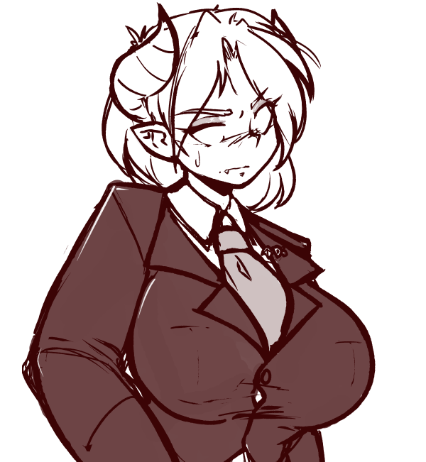 Quick sketch bust of a demon with shoulder-length white hair and pupil-less eyes dressed in a full suit and tie.