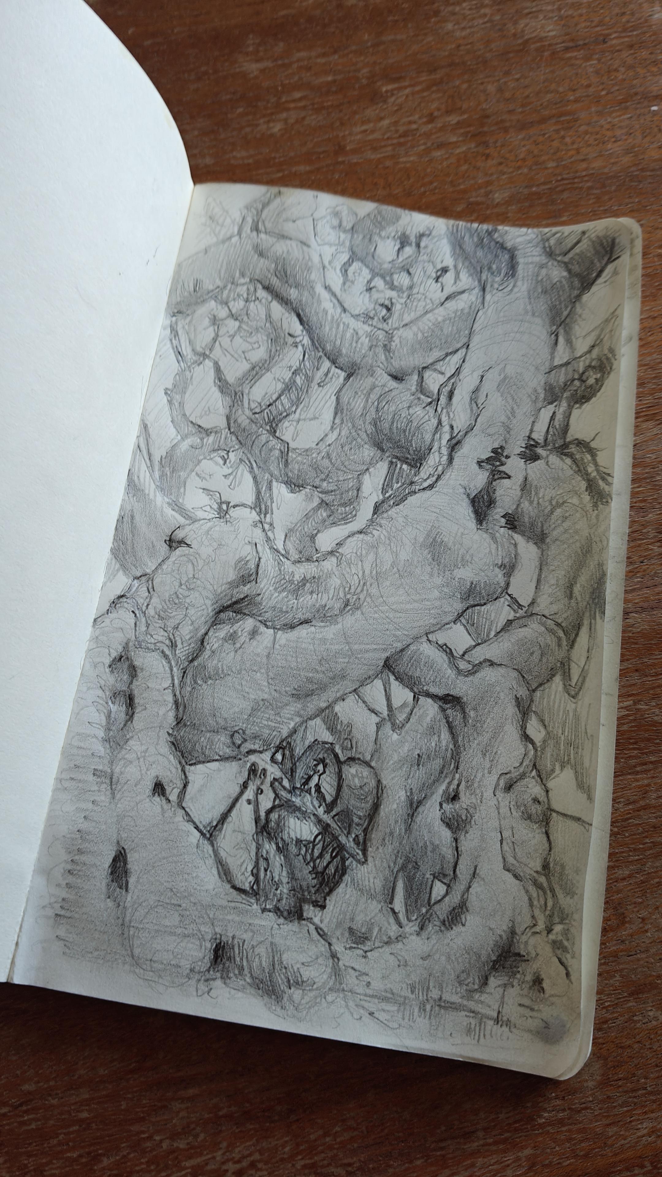 A photo of a pencil sketch in a cheap sketchbook. The image is of huge crawling trees interweaving into a massive canopy, down below a small figure of a giant snail with a carriage on its house, is crawling over one of the giant roots.
