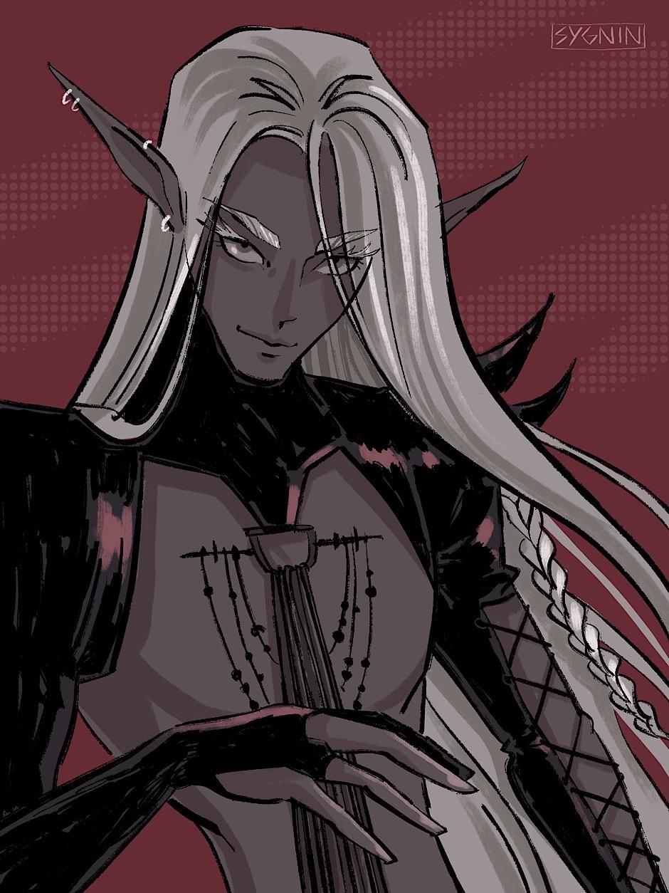 Art of a dark elf type man with grey skin and long whitish hair. He wears a black collar and shoulder pads with some jewelry hanging down.