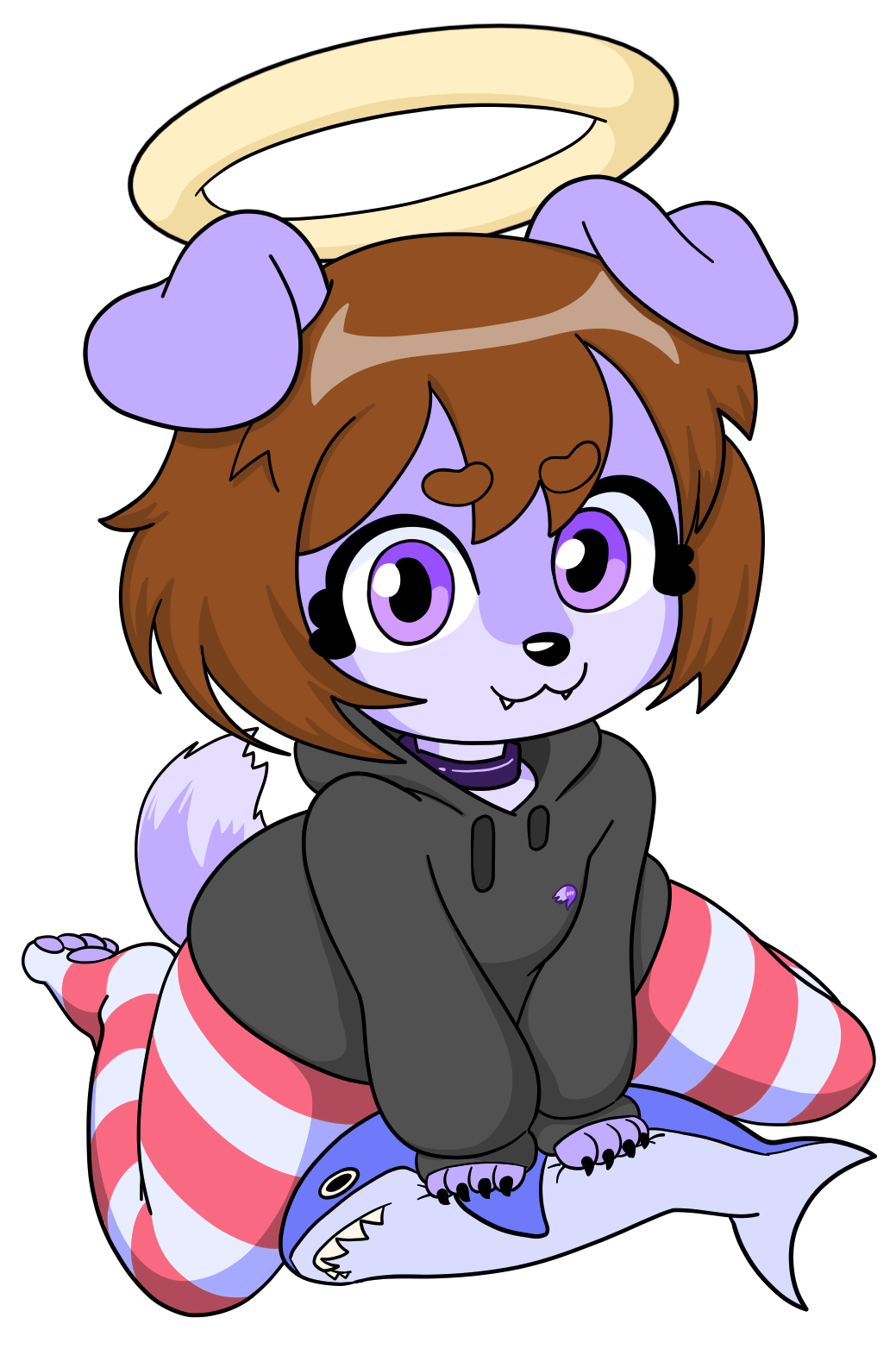 Purple dog with halo pouncing on blahaj wearing sweater and stripped socks