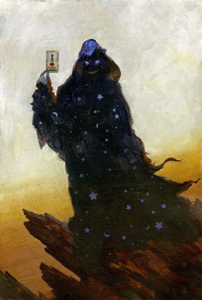 A dark cloaked figure stands on a rocky outcrop holding up a tarot card with the tower and a red rose. Rendered in shadow, only his glowing pink eyes and teeth are visible under the hood. Stars and moons decorate the cloak.