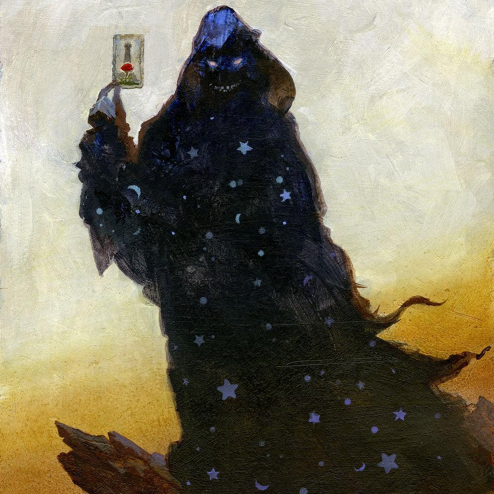 Figure detail from DARK FORTUNE featuring a dark cloaked figure with Cheshire grin. Simple five-pointed stars and crescent moons decorate the shadowy cloak.