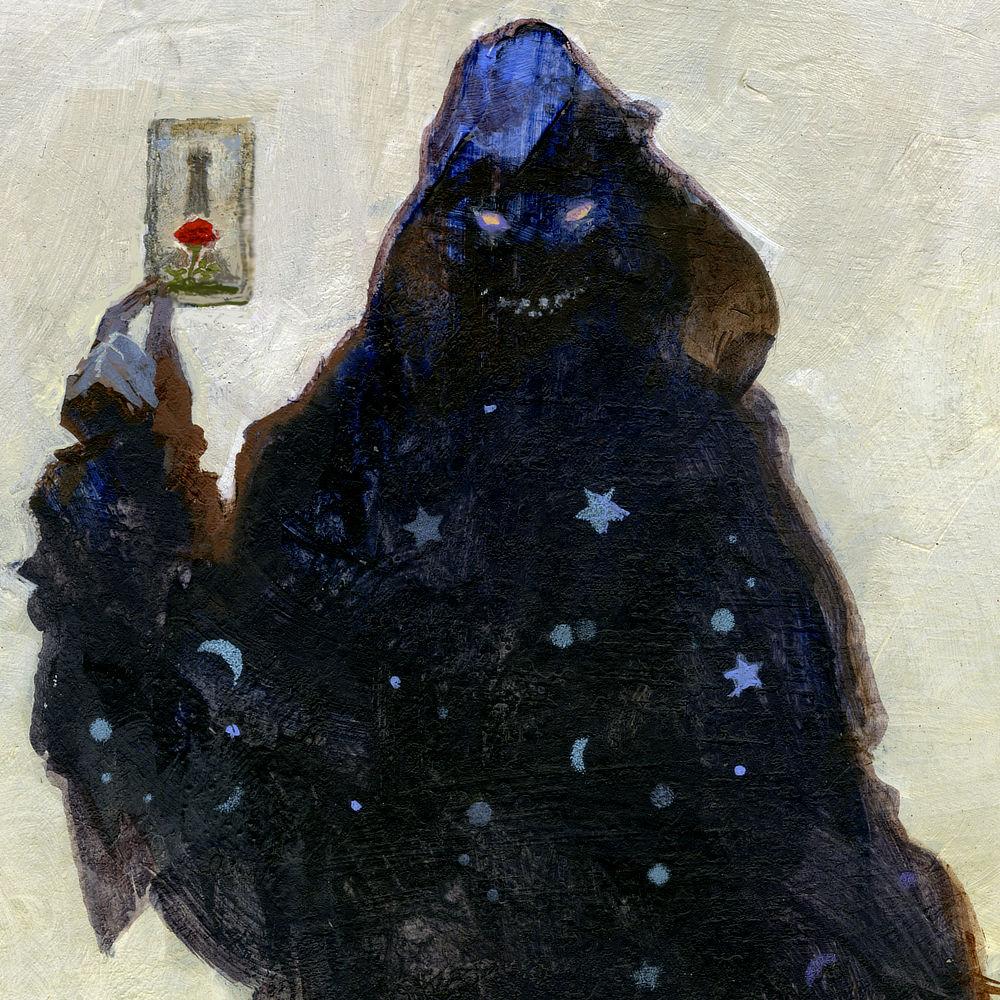 Close detail from DARK FORTUNE featuring the Cheshire grin of the man in black under the shadows of his hooded cloak. He holds up a tarot card with the tower and a red rose