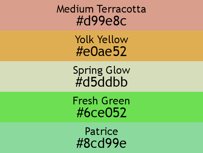 a block of five horizontal color swatches in Medium Terracotta (#d99e8c), Yolk Yellow (#e0ae52), Spring Glow (#d5ddbb), Fresh Green (#6ce052), and Patrice (#8cd99e).
