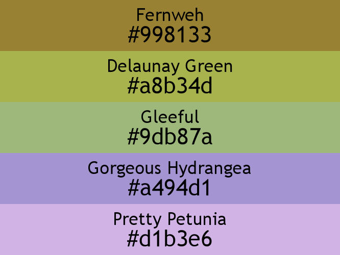 a block of five horizontal color swatches in Fernweh (#998133), Delaunay Green (#a8b34d), Gleeful (#9db87a), Gorgeous Hydrangea (#a494d1), and Pretty Petunia (#d1b3e6).