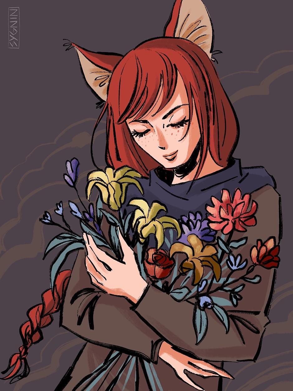 Art of a woman with red hair and cat ears, holding a bunch of flowers in her arms
