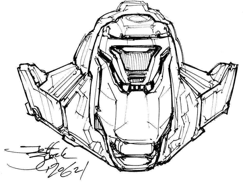 Front view of a menacing techno dino head, with very broad wings jutting out from the lower jawline. I think probably it's a veggiesaurus, as it's got big flat "teeth" in its "mouth", but it still doesn't look friendly.