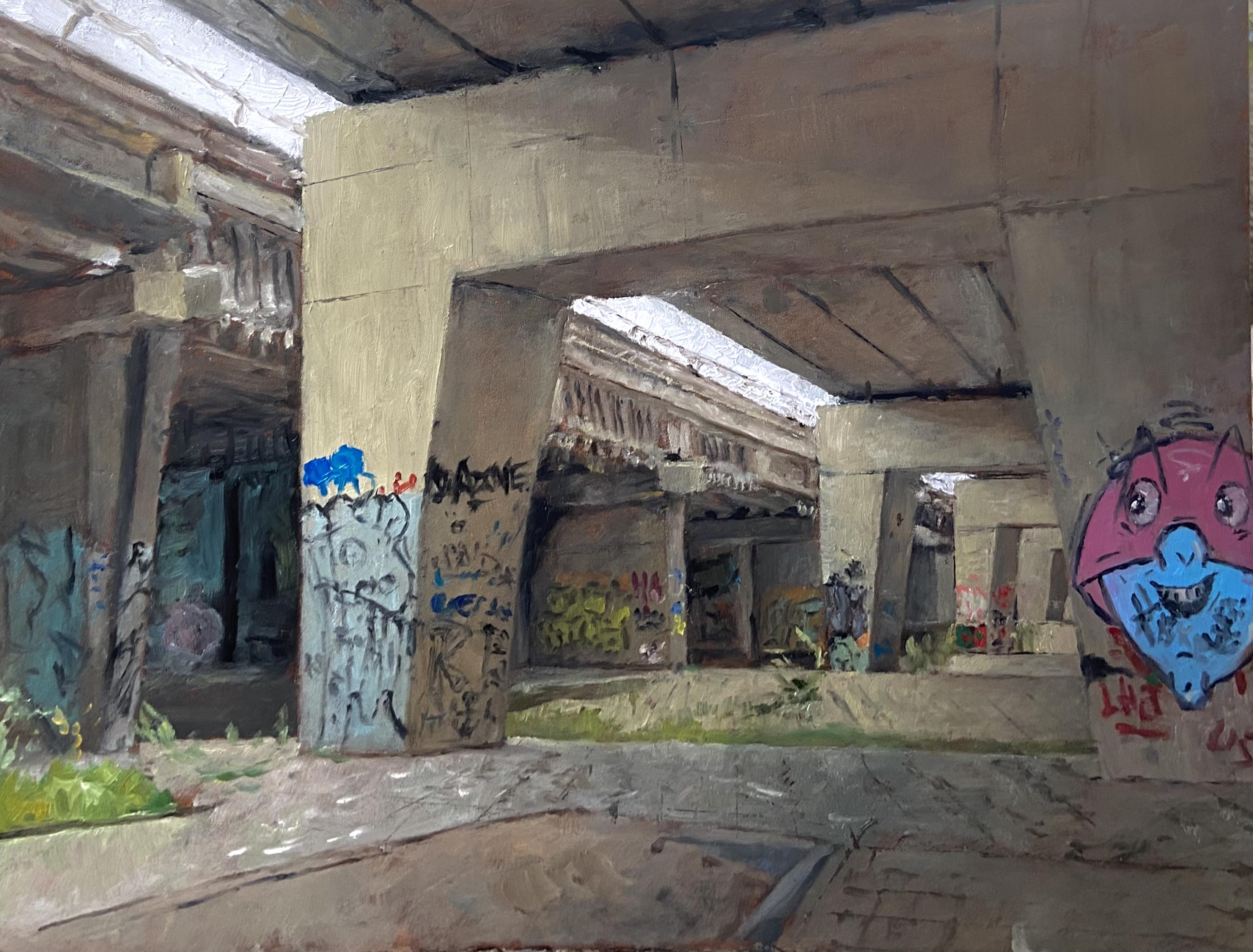 Pleinair painting in oils from under an overpass. There are concrete pillars, graffiti, some grass and atmospheric bird poop.

40x30 cm oil on panel. Painted alla prima in about 7 hours