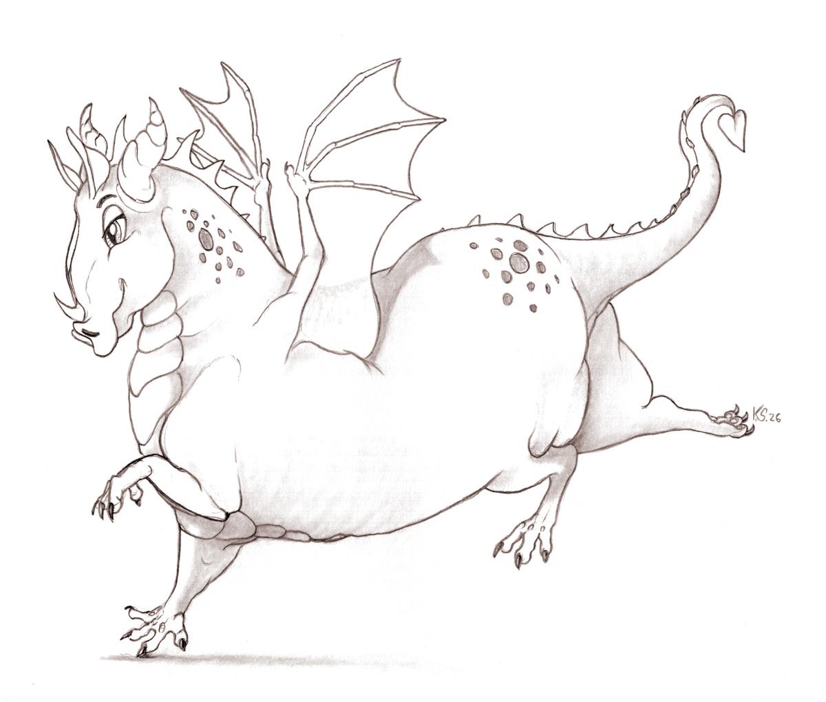 A pencil drawing showing a very chonky Dragon in the style of the Fat Horse from the Bugs Bunny cartoon.