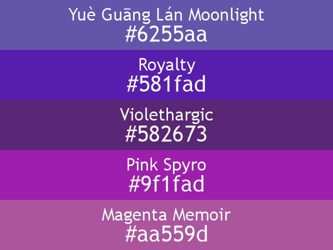 a block of five horizontal color swatches in Yuè Guāng Lán Moonlight (#6255aa), Royalty (#581fad), Violethargic (#582673), Pink Spyro (#9f1fad), and Magenta Memoir (#aa559d).