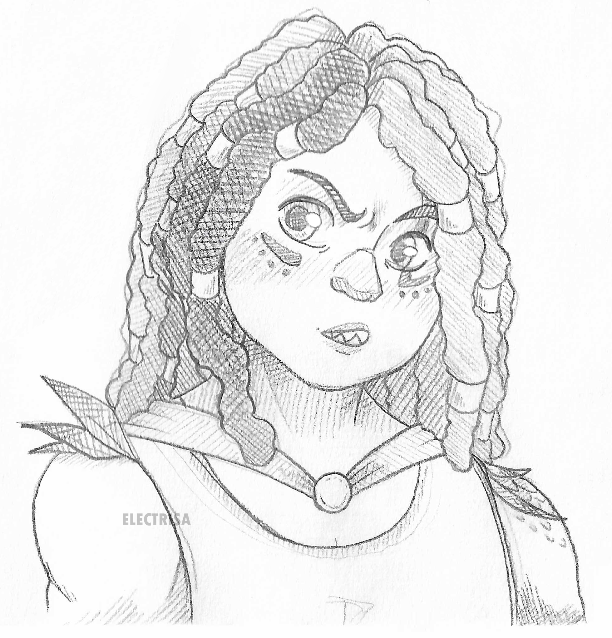 Black-white pencil portrait of a young woman with long draids with rings in them, wearing a loose tanktop and a medalion on her neck. Her head is tilted inquisitively, she's scowling at something as she raises her eyebrow.
