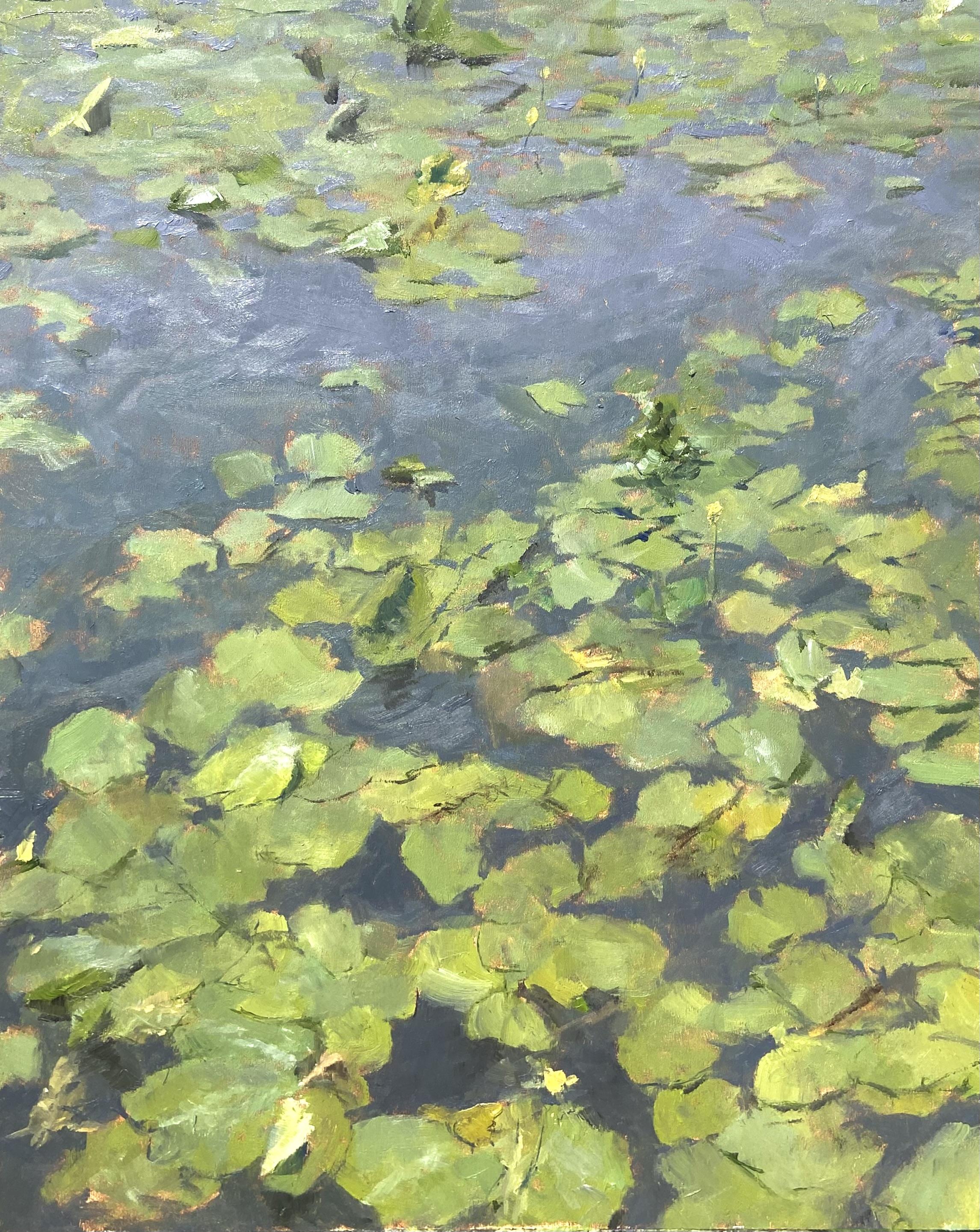 Plein air oilpainting of some water lilies. They are painted very roughly, with random dark lines and accents in them. Also, there is glare on the foto so it’s also badly photographed. 24x30cm oil on panel. Painted in way too many hours (but still in one sitting)
