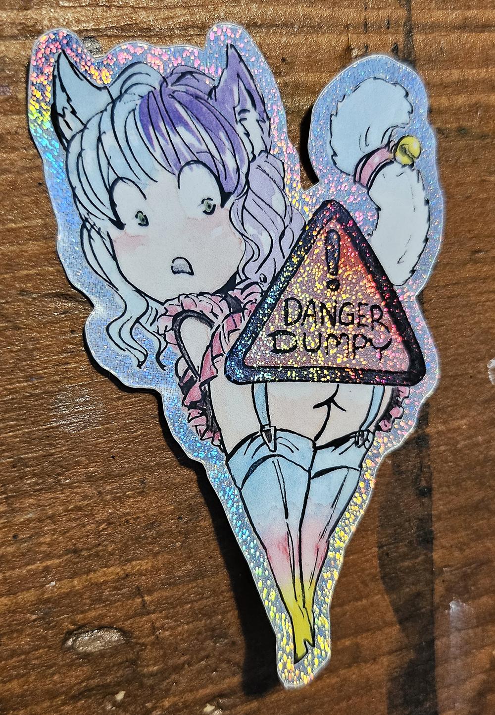 A glitter sticker of a cat girl that has a danger dumpy