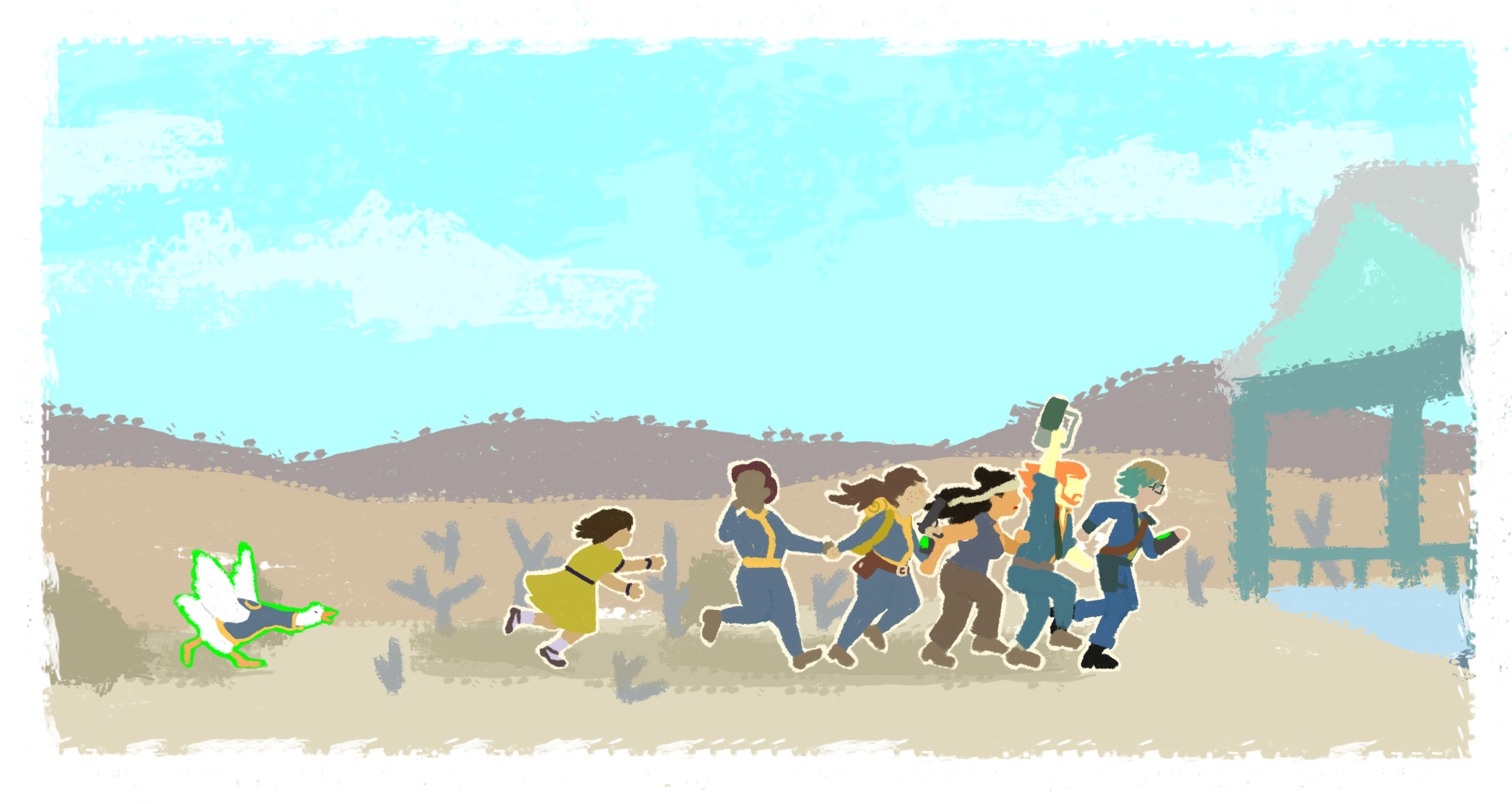 A white goose (Jeremy) is running after several Fallout dwellers, who are fleeing as fast as they can