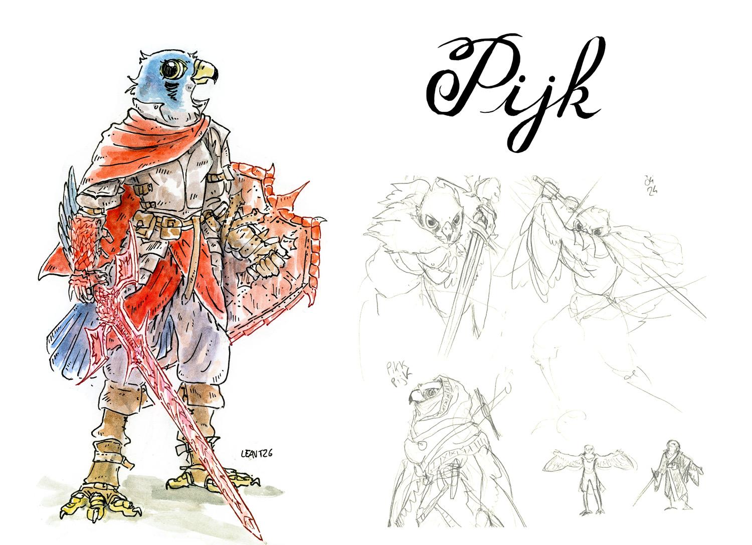 watercolor illustration of an kestrel avian wildfolk warrior in plate armor with a big red sword and shield. She has blue plumage and big happy eyes