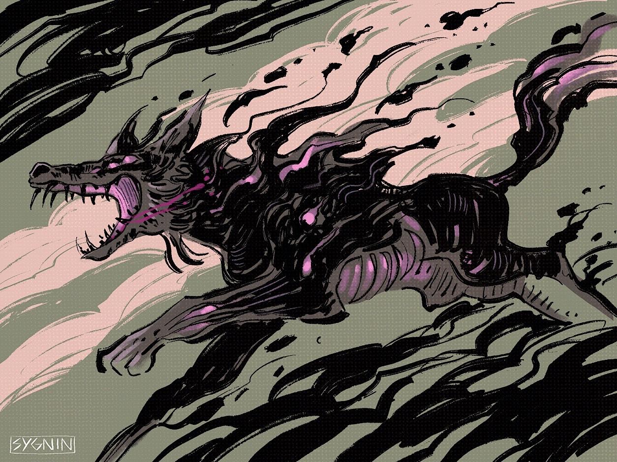 Art of a demony looking black shadow dog with mouth open and jumping pose. Shadow bits trail off it. The background is an abstract of black swirly patterns.