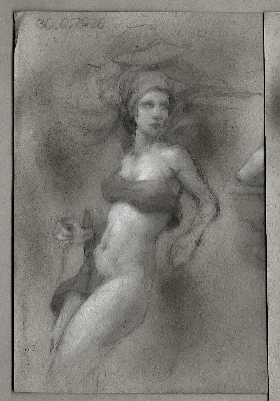 Pencil and Pastel Drawing of a woman leaning back and looking to her left with a long and floating head scarf.