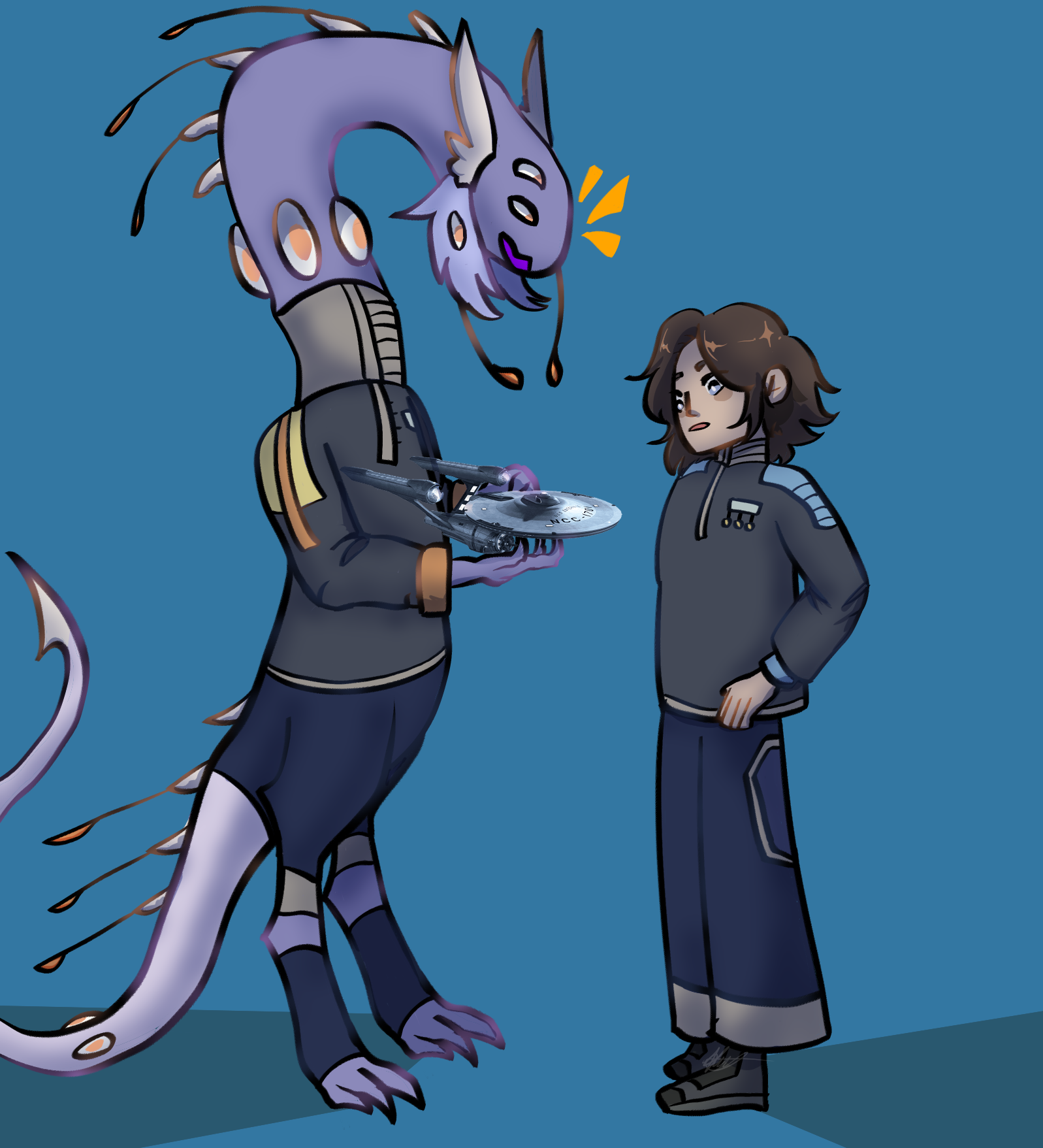 two characters are talking, left one is a very tall purple alien with eyes on her long neck and tail.  She is pointing at a png of a realistic model of the USS Enterprise from star trek in her claws. Right one is a human woman who is surprised and stares at the model.