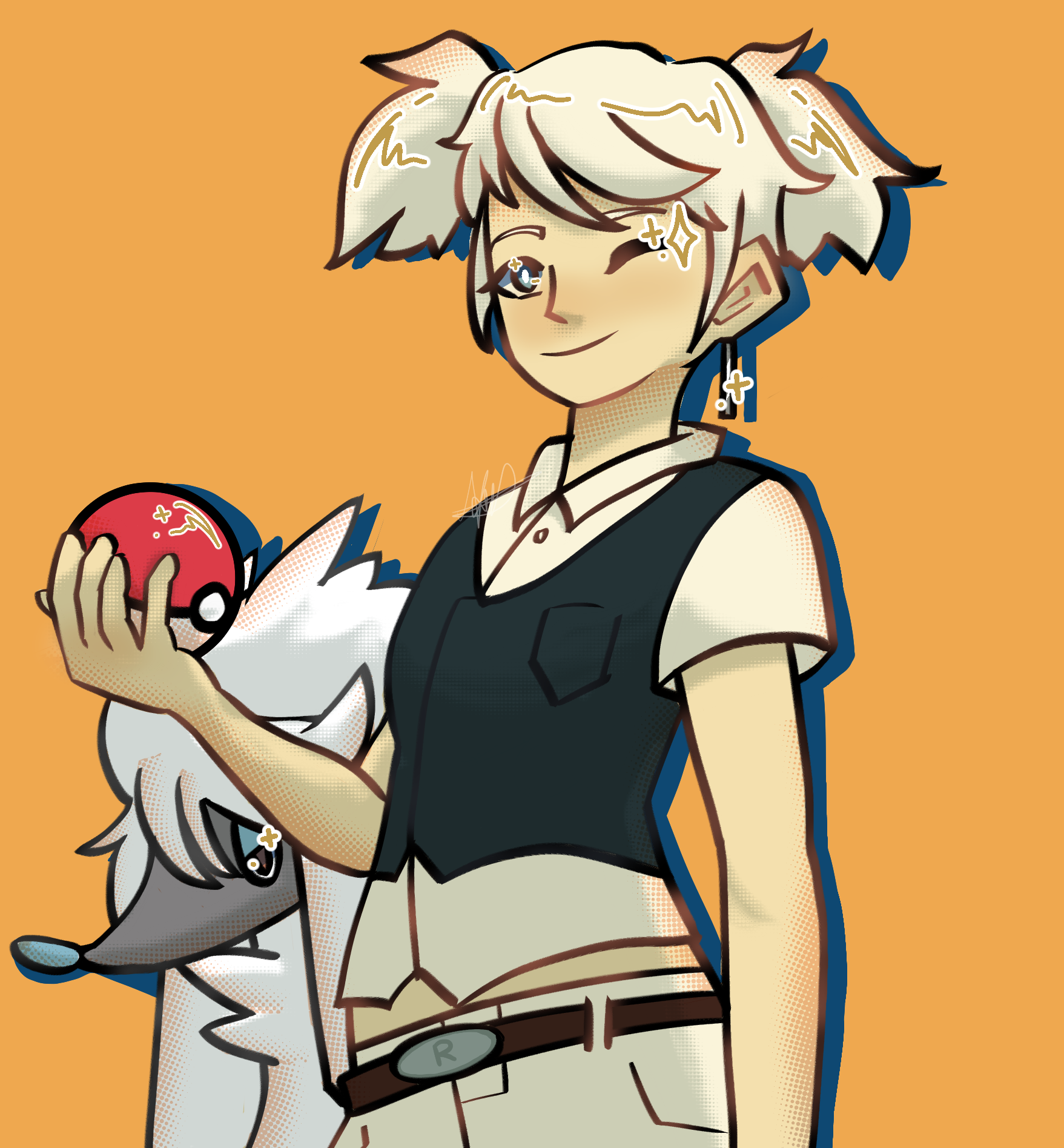 A girl winking and holding a pokeball with one hand. She has white hair and short pigtails and has a pokemon, furfrou behind her.