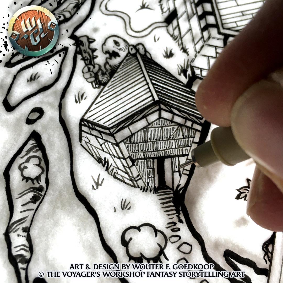 Close up of the inking process with a fineliner.