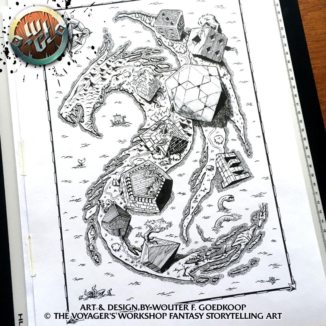 The finished inked illustration depicting a dragon-shaped continent with many creatures and polyhedral shaped structures.
