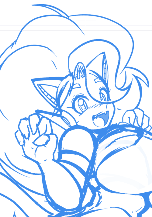 Cropped rough sketch of a cat-themed android looking over her shoulder and chest at the viewer with a big open smile and a cat-like pose with her hands.