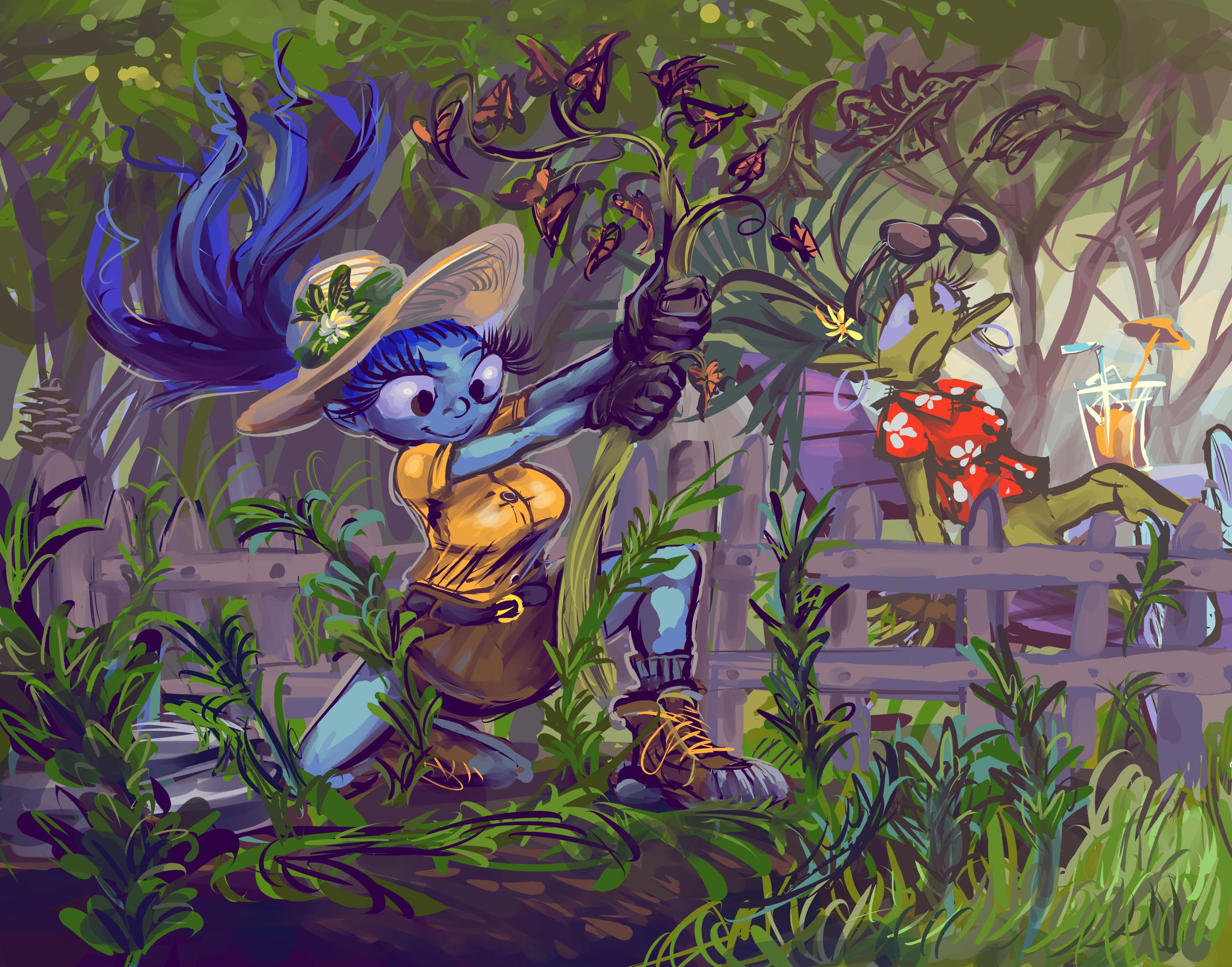artfight cartoon digital painting of a blue-skinned nymph person with dark blue hair that behaves as if underwater, wearing a large straw hat adorned with a green ribbon, leaves and a flower, pulls aggressively at a presumed weed that is actually the tail appendage of an anthropomorphic plant-type being [who had been] relaxing on a lawn chair on the other side of a shared fence.  there are many conventional weeds and trees also amidst the scene