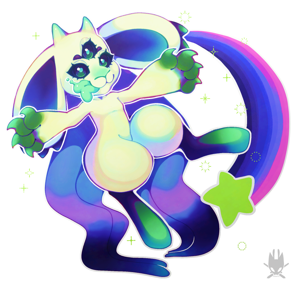 meh (shemeiart's sona) in chibi-esque form with stars