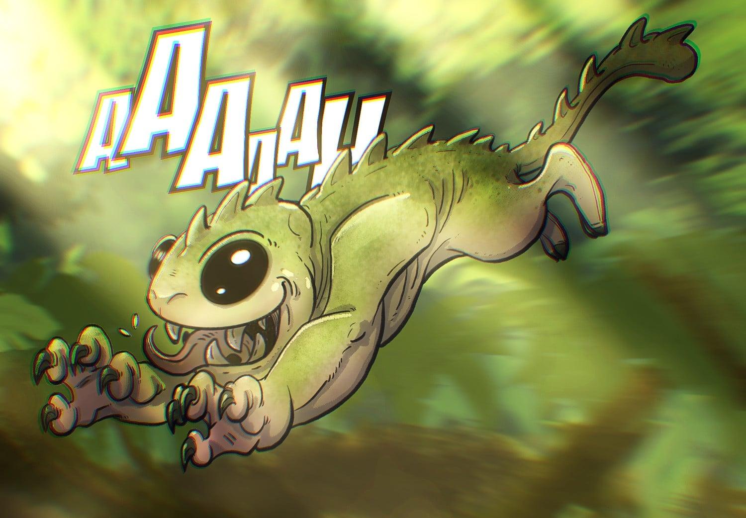 A cute Green chupacabras Monster running in the jungle while screaming