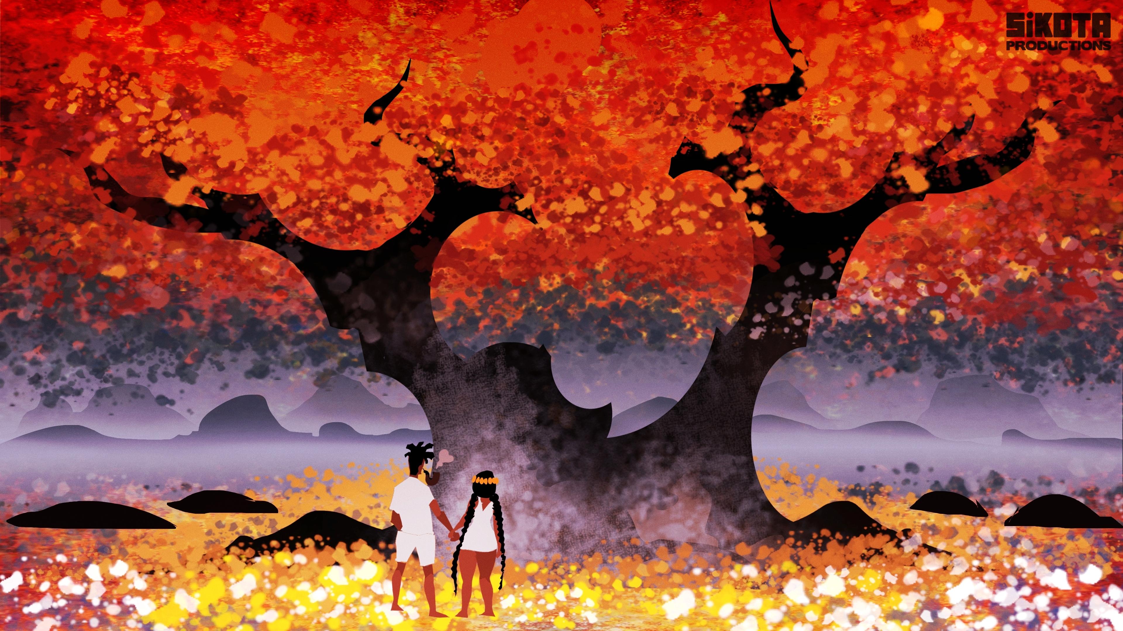 A black couple (Kaino and Malaika) holding hands while stanading under a large tree.