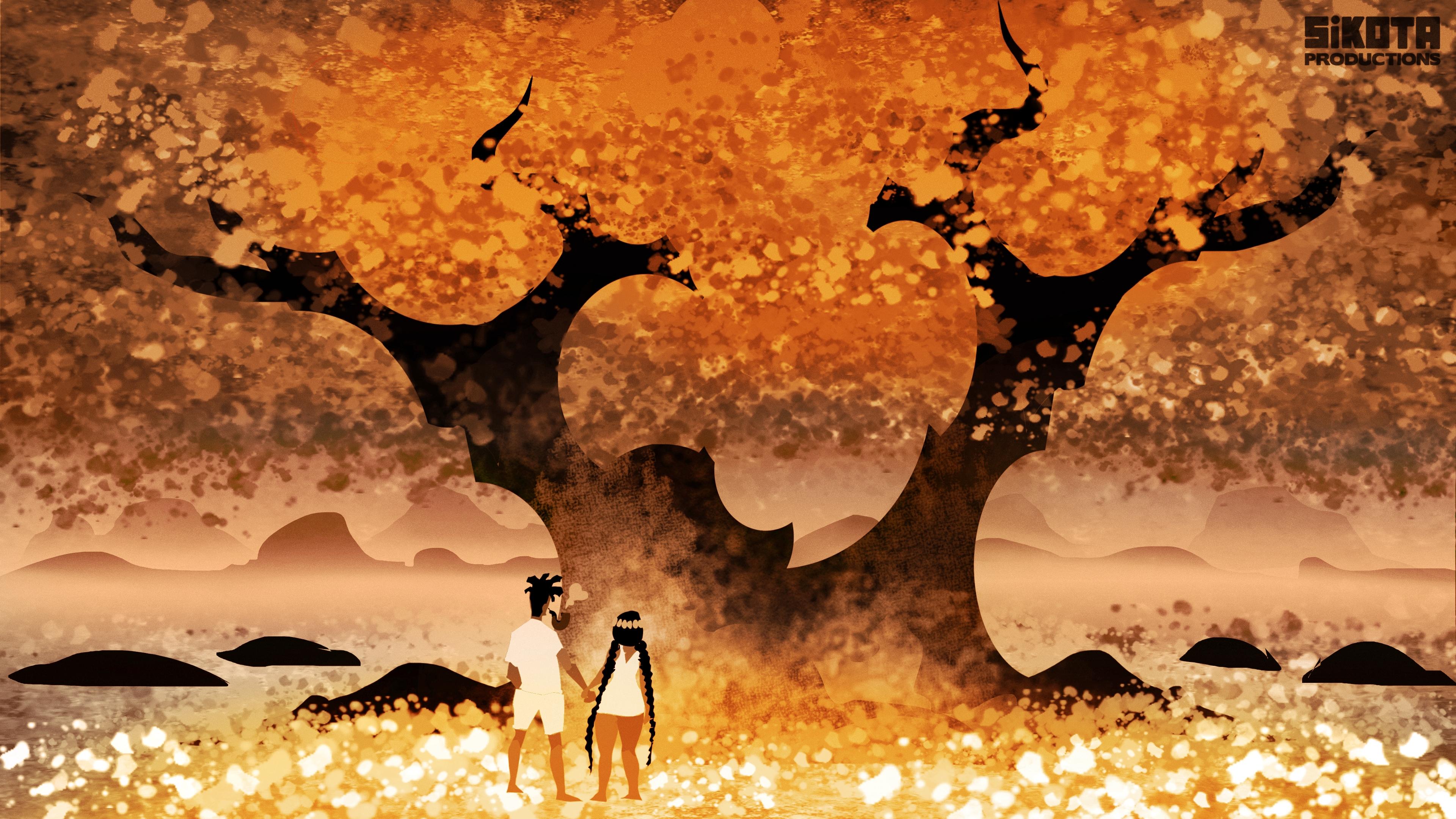 A black couple (Kaino and Malaika) holding hands while standing under a large tree with a color palette more suited to a comic book.