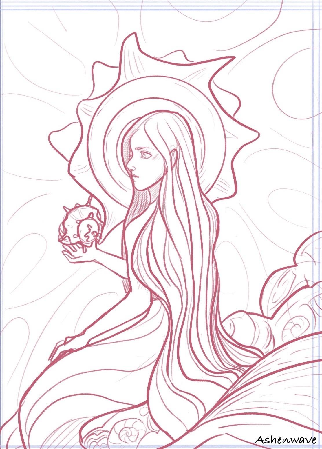 Sketch of a mermaid sitting on some rocks, holding a sell in one hand.