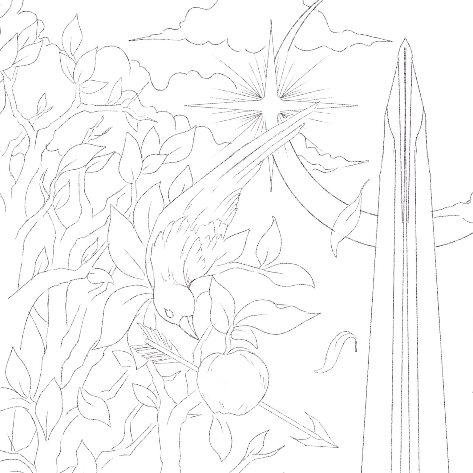 Zoom in crop of a sketch for the Ace of Swords Tarot Card - on the left is a large branching apple tree with a sparrow facing down and to the right leaning over a large apple with leaves and an arrow going through it. To the right is the tip of a large broad sword in front of a crescent moon facing upward with clouds and large sparkling stars behind