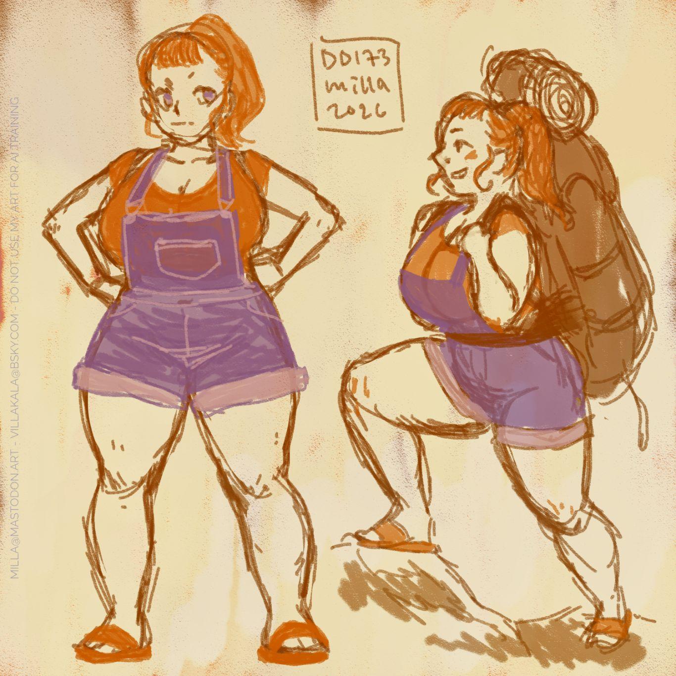 Character sketch of a very strong looking girl. She's pretty short and stocky, with huge tits and muscular thighs and legs, contrasted by thin little arms. Her red hair is tied on a high ponytail and she's wearing a tight tee, denim overall shorts and flipflops. In one pose she's standing confidently with her hands on her hips, and in another she's climbing some rocks carrying a heavy backpack, looking rather enthusiastic.