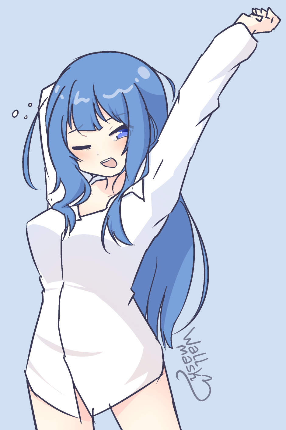 Anime style art of a girl with blue eyes and long blue hair, wearing a white collared shirt. She yawns and stretches her arm up. The girl is my original character Hanabi.