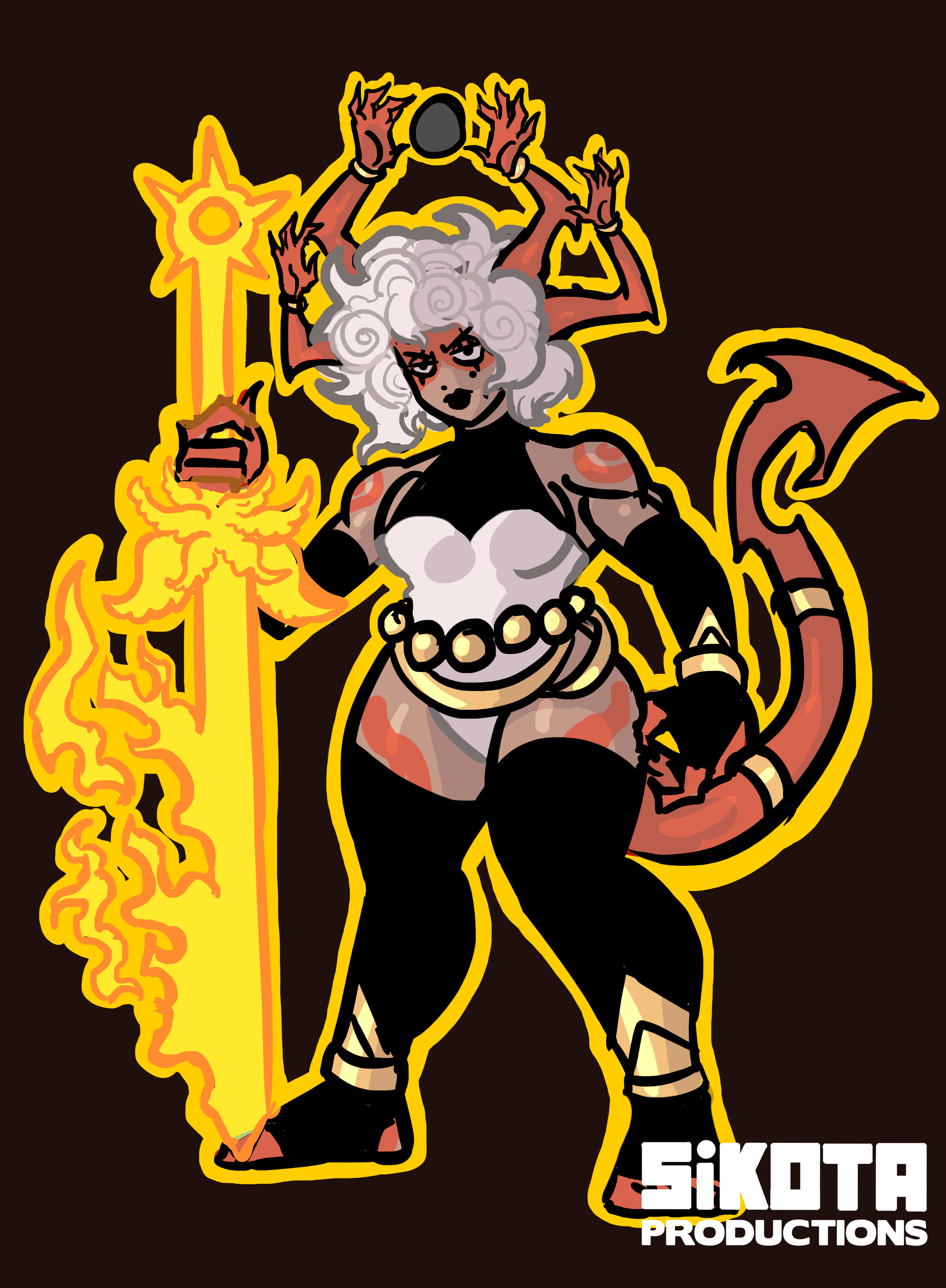 Game art of a woman-like creature with four mini-arms sticking out of her head, holding a golden staff menacingly,