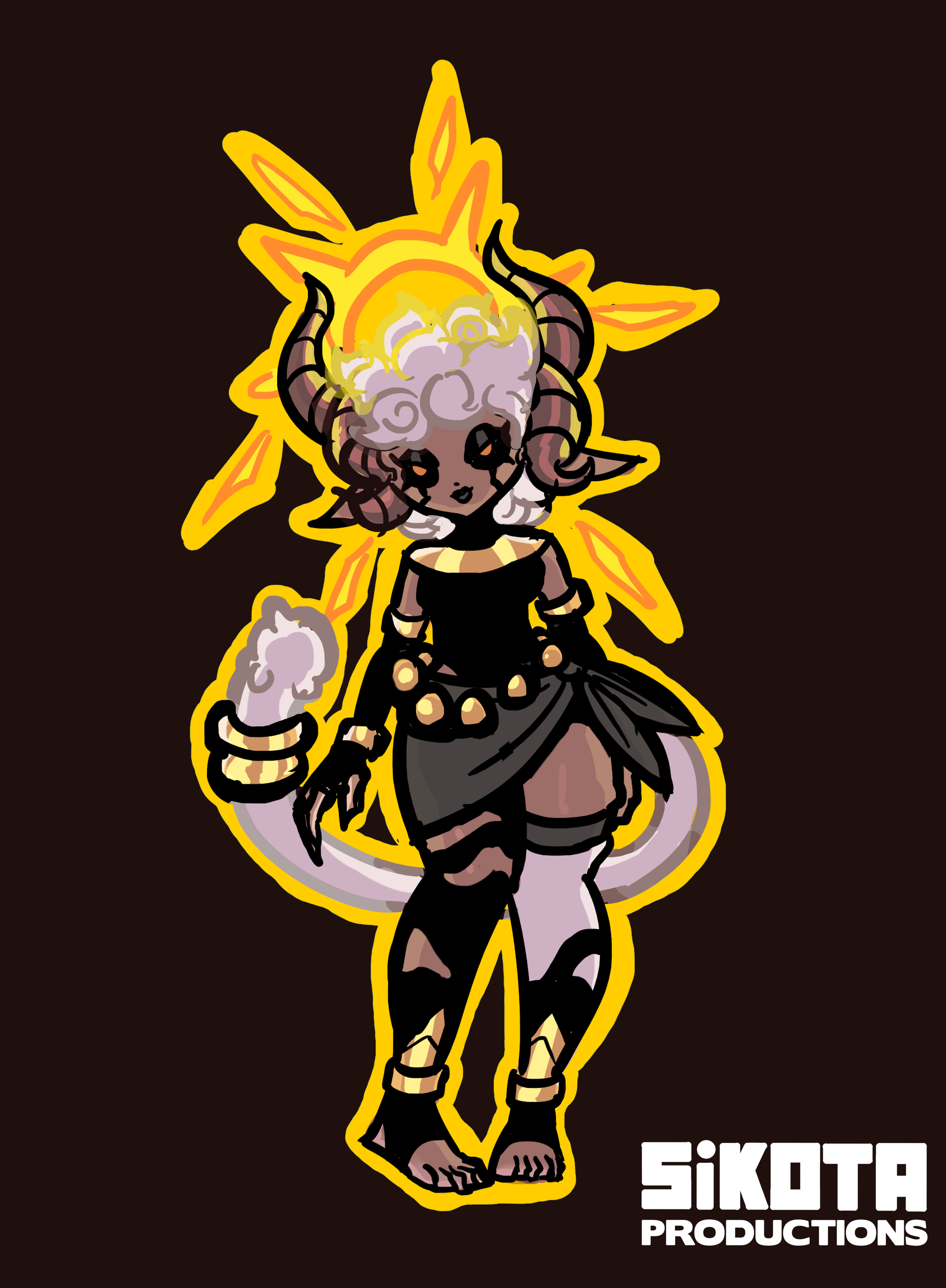 Game art of a petite, wide-hipped woman-like creature with horns and a sun-like halo around its head