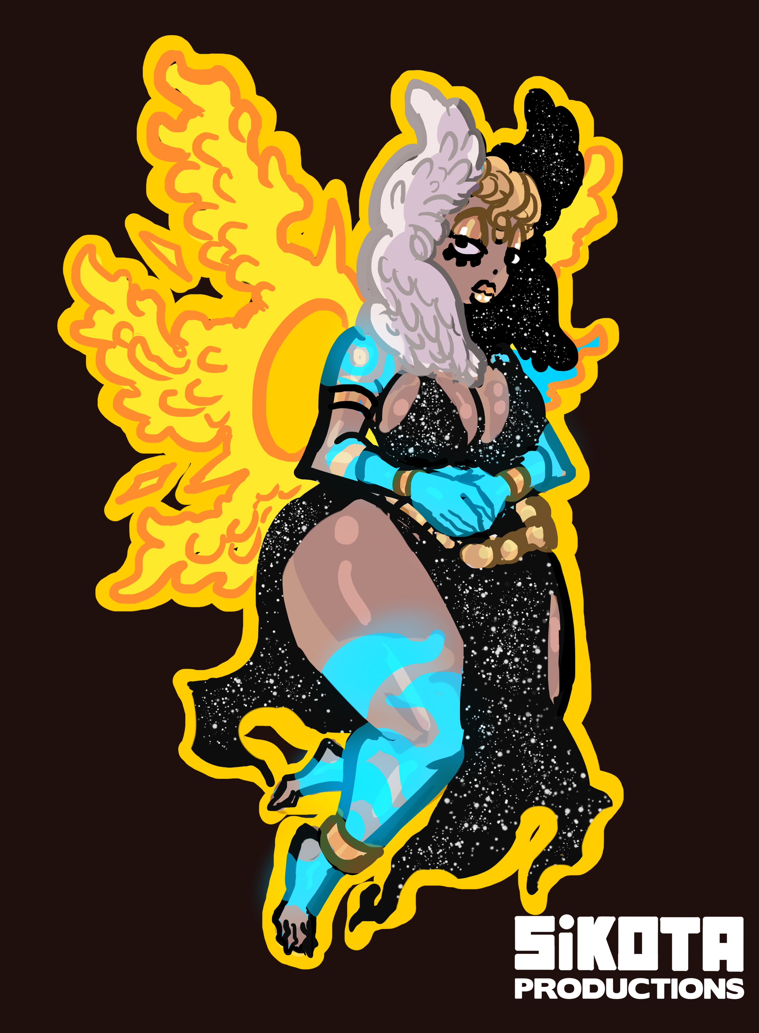Game art of a thicc woman-like creature with wings of flames.