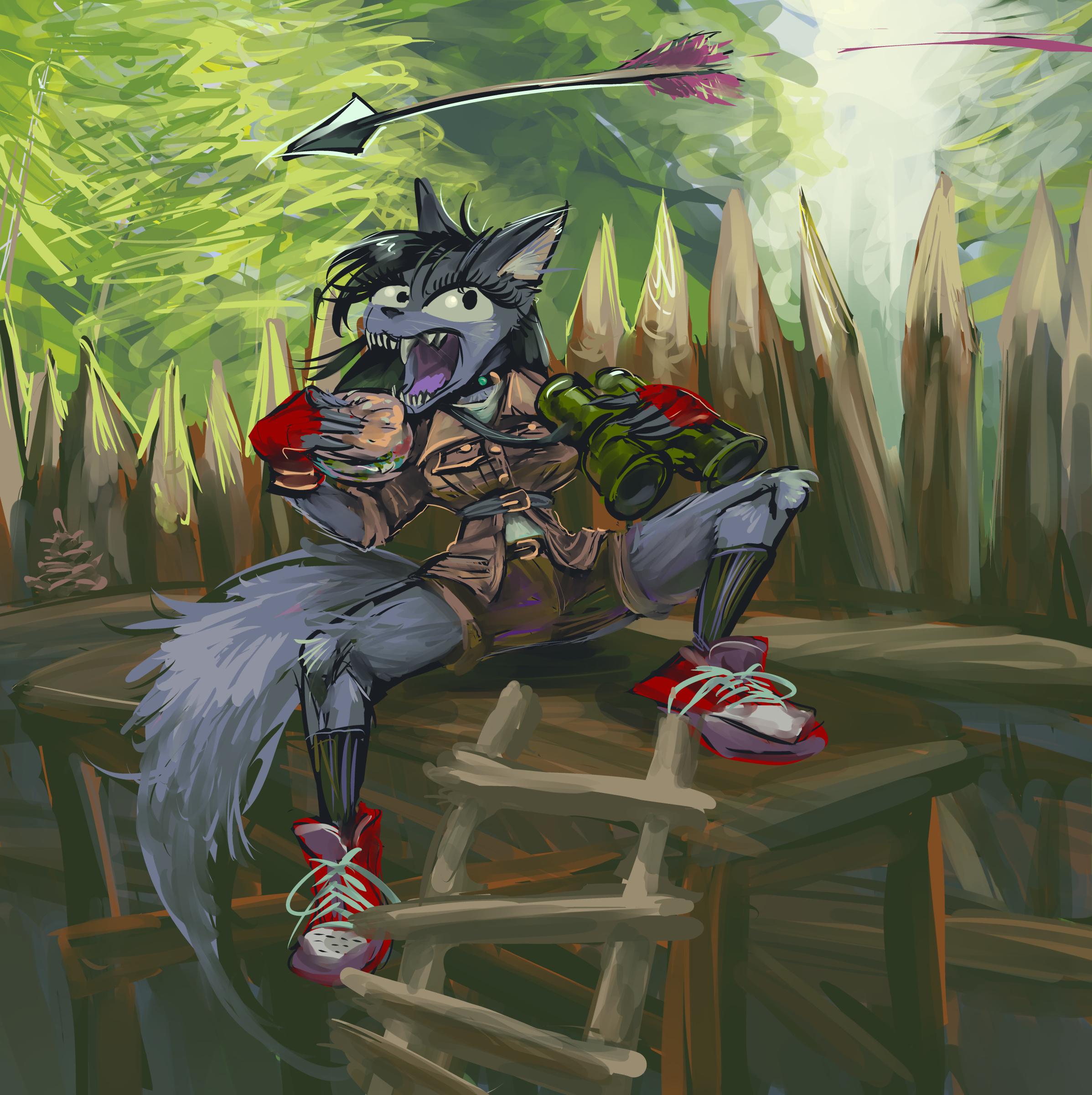 anthropomorphic wolf sort of creature wearing vaguely military or forest ranger sort of garb holding binoculars in one hand hesitates before biting a sandwich while sitting on a raised platform behind the upper edge of a sharpened palisade wall while a medieval style arrow flies overhead.  the background implies trees nearby