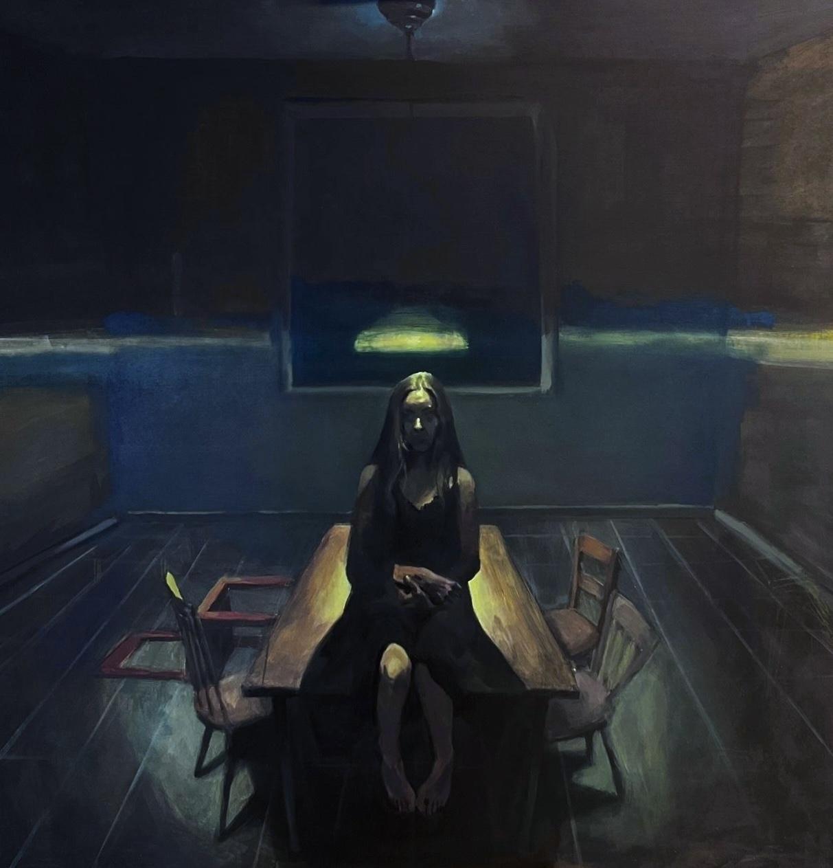 An oil painting on mdf, large square with a centered low composition. A feminine dark figure is in a dark, empty room, sitting on a table, with a lamp hanging right on top of her head, lighting her brightly. Her dress is black, and the chairs around the table are mismatched, one of them has fallen down.