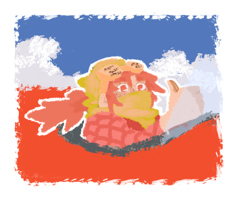 Jasper, a white character, is sitting inside a red thing called Halo, which from this point of view looks like a plane but is more of a tractor in reality