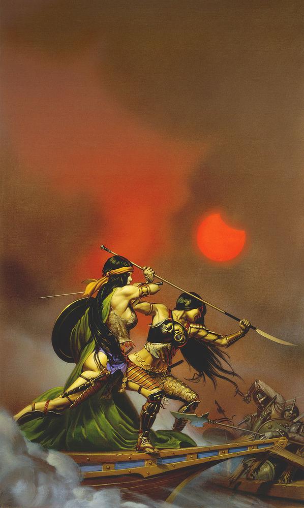 Balanced on the bow of a slender boat, two dark haired Amazon warriors stand poised to attack. The point of the bow has splintered the rails of another vessel. The armored men aboard lurch back with the impact as the Amazons surge forward. One grips a spear two-handed overhead, ready to stab downward. Holding a round shield for defense, the other draws back her sword arm ready to swing. Her long green cape drapes down over her leanly muscular body as she pivots. Billowing mist obscures all but the tip of their ship. The sky above is gray, clouds tinged with red by a bloody gibbous moon.
