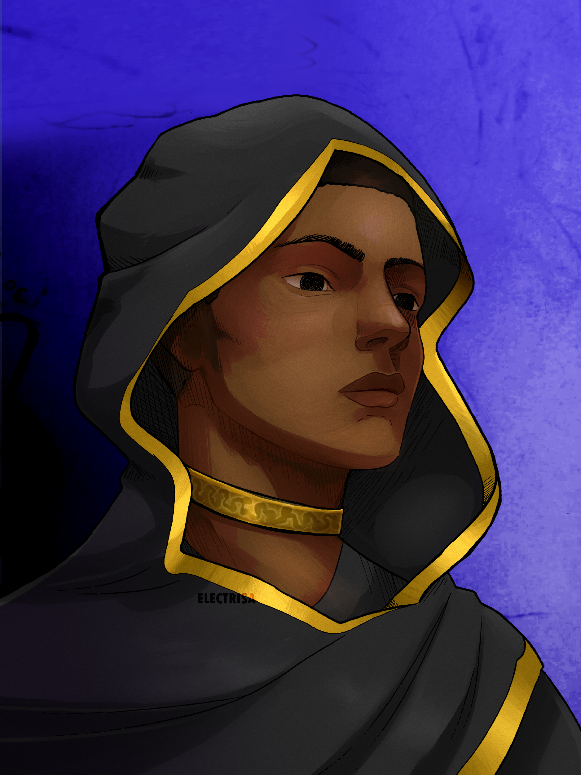 Portrait of a dark-skinned character in black and gold robes (wearing a hood, with a gold necklace around his neck), on top of a darkblue, scratchy background. His eyes are completely black with no light, and he's looking below the camera with little emotion, but maybe with disdain.