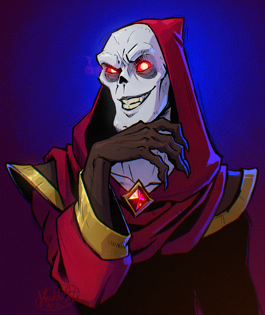 Digital art portrait of an undead man with a bald head and glowing red eyes, his nose missing. He is grinning mischievously, one arm raised to his chin, and dressed in gold-trimmed red robes with a hood over his head.